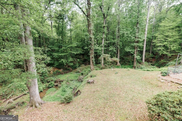 view of yard with a forest view