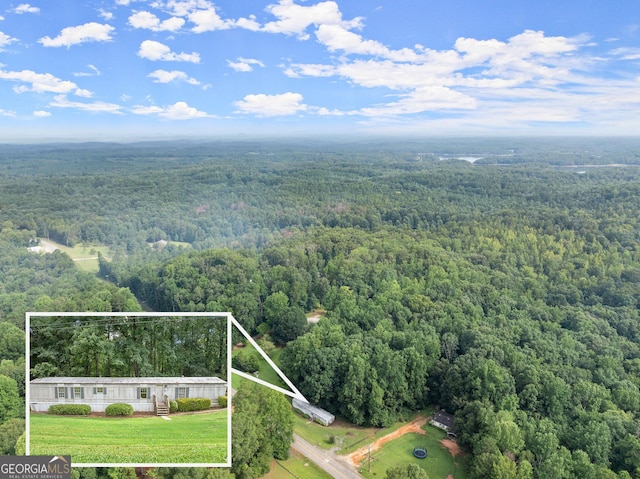aerial view of property and surrounding area with a forest and property parcel outlined