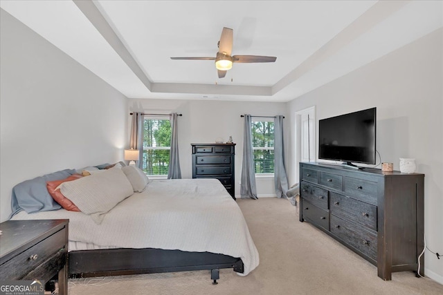 48 Sweetgum Trce, Dallas, GA 30132 - bedroom with multiple windows, a tray ceiling, light colored carpet, and ceiling fan