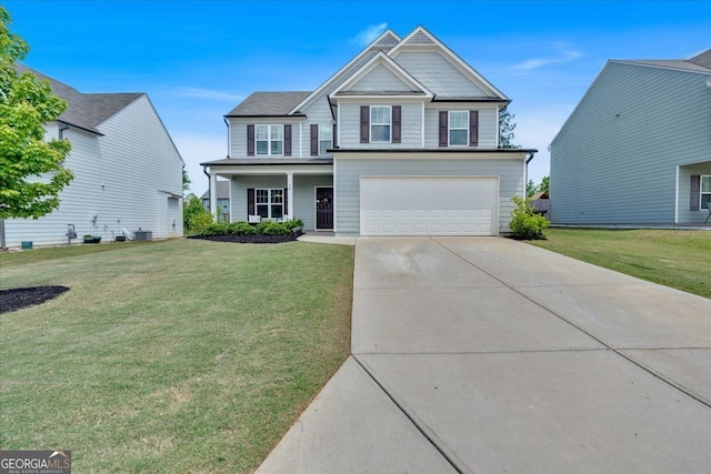 48 Sweetgum Trce, Dallas, GA 30132 - view of front of home with concrete driveway, a front lawn, an attached garage, and a porch