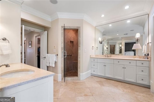 122 Old Ivy Rd NE Unit 17, Atlanta, GA 30342 - bathroom featuring crown molding, two vanities, a stall shower, recessed lighting, and tile patterned flooring