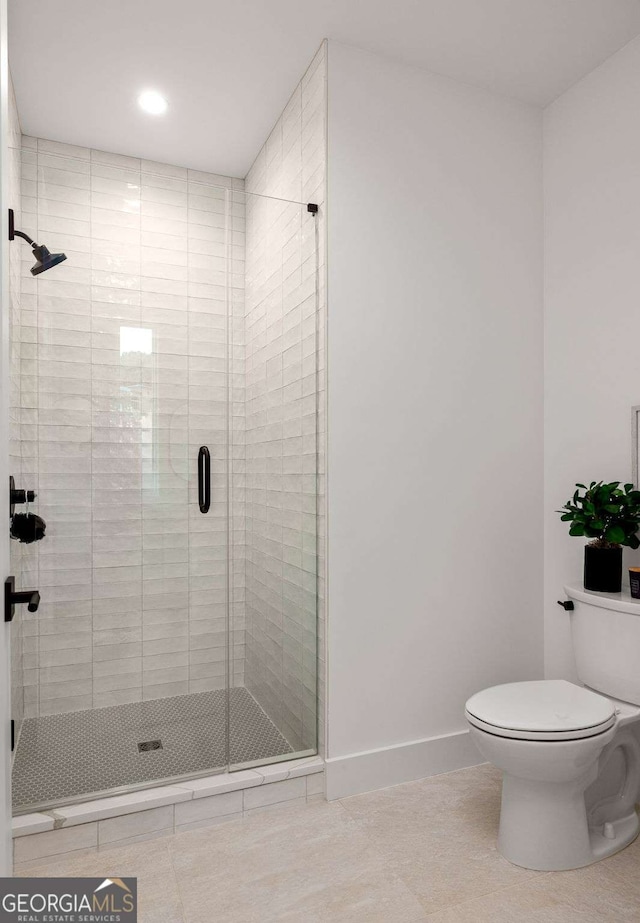 1230 Mado Loop, Chattahoochee Hills, GA 30268 - full bathroom featuring toilet, a shower stall, tile patterned floors, baseboards, and recessed lighting