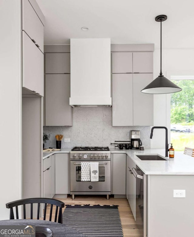 1230 Mado Loop, Chattahoochee Hills, GA 30268 - kitchen featuring appliances with stainless steel finishes, a sink, light countertops, decorative backsplash, and gray cabinetry