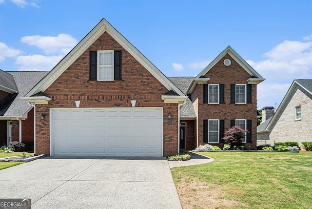 725 Windsor Place Cir SW, Grayson, GA 30017 - traditional-style home featuring brick siding, concrete driveway, a front lawn, and an attached garage