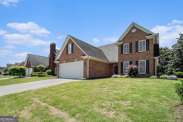 725 Windsor Place Cir SW, Grayson, GA 30017 - traditional-style home with brick siding, concrete driveway, a front lawn, and a chimney