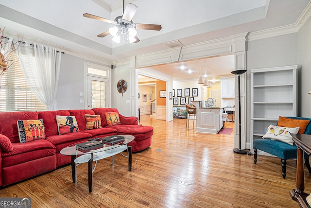 725 Windsor Place Cir SW, Grayson, GA 30017 - living room with light wood-type flooring, a raised ceiling, ornamental molding, and ceiling fan