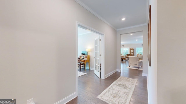 100 Maple Leaf Rd, Sharpsburg, GA 30277 - corridor featuring crown molding, dark wood-type flooring, recessed lighting, and an office area