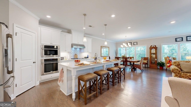 100 Maple Leaf Rd, Sharpsburg, GA 30277 - kitchen featuring appliances with stainless steel finishes, under cabinet range hood, a kitchen bar, wood finished floors, and open floor plan