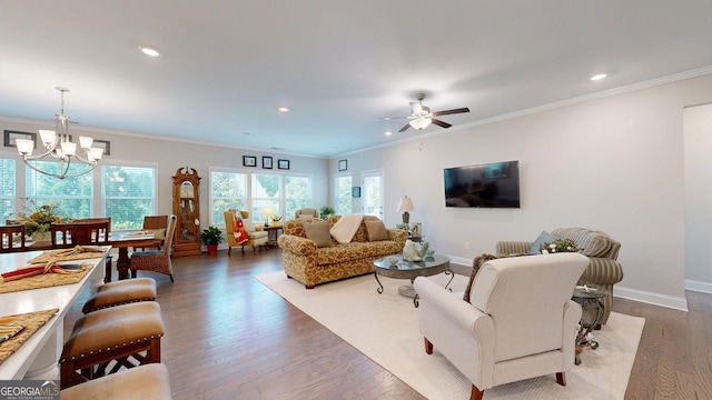 100 Maple Leaf Rd, Sharpsburg, GA 30277 - living room featuring healthy amount of natural light, wood finished floors, a chandelier, recessed lighting, and ceiling fan