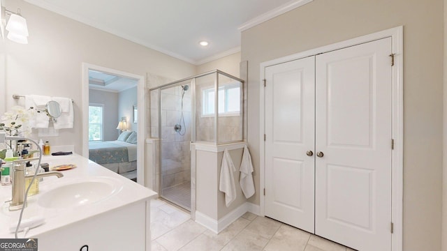 100 Maple Leaf Rd, Sharpsburg, GA 30277 - bathroom with a shower stall, vanity, crown molding, ensuite bath, and recessed lighting
