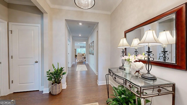 100 Maple Leaf Rd, Sharpsburg, GA 30277 - hallway featuring wood finished floors, ornamental molding, and recessed lighting