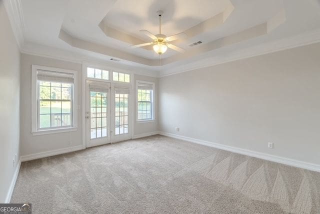 161 Pleasant Grove Rd, Mcdonough, GA 30252 - carpeted spare room with a raised ceiling, a ceiling fan, healthy amount of natural light, baseboards, and crown molding