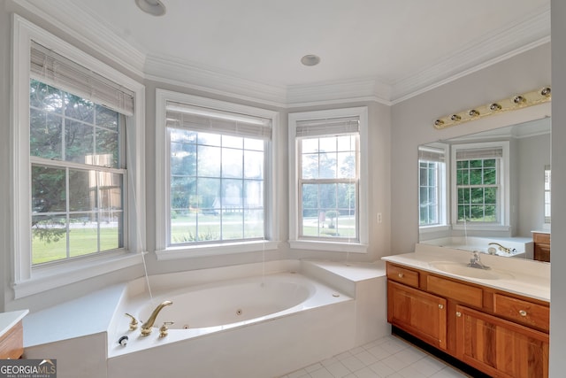 161 Pleasant Grove Rd, Mcdonough, GA 30252 - full bath with a jetted tub, vanity, tile patterned flooring, and ornamental molding