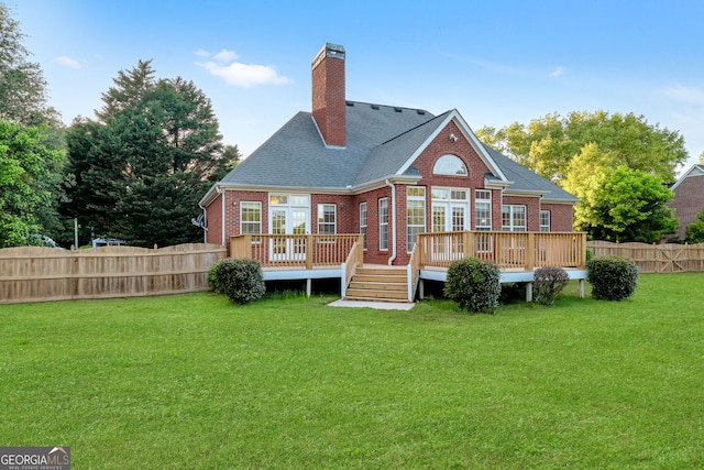 161 Pleasant Grove Rd, Mcdonough, GA 30252 - rear view of property featuring brick siding, a wooden deck, a chimney, and a shingled roof
