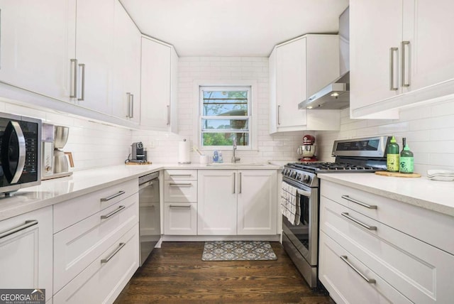 kitchen featuring stainless steel appliances, a sink, dark wood finished floors, tasteful backsplash, and white cabinetry
