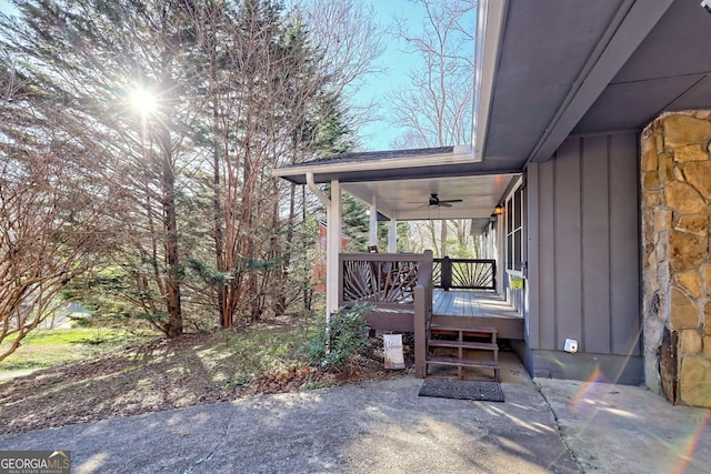 view of patio / terrace with ceiling fan and a wooden deck
