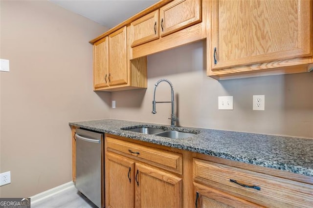 5805 Eagles Feather Ln, Riverdale, GA 30274 - kitchen featuring a sink, dishwasher, dark stone counters, and baseboards