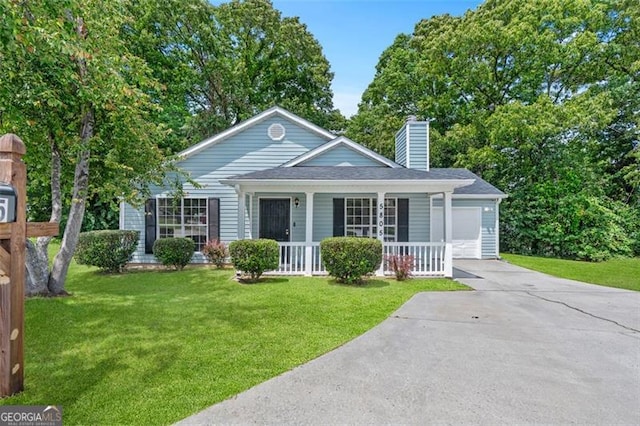 5805 Eagles Feather Ln, Riverdale, GA 30274 - ranch-style home featuring a porch, driveway, an attached garage, a chimney, and a front yard