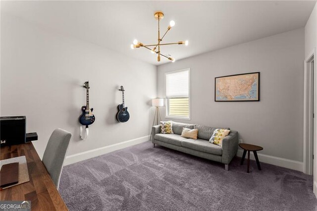 office area with a chandelier, baseboards, and carpet