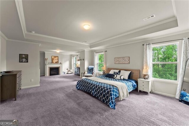 bedroom featuring a raised ceiling, carpet flooring, crown molding, and a fireplace