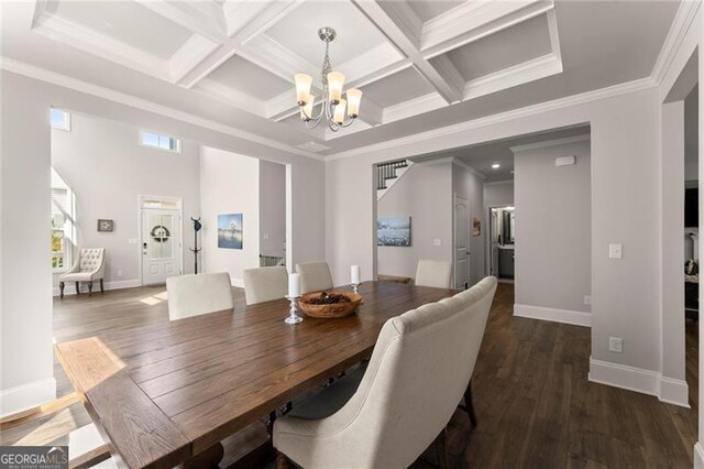 dining space featuring a chandelier, coffered ceiling, wood finished floors, beam ceiling, and baseboards