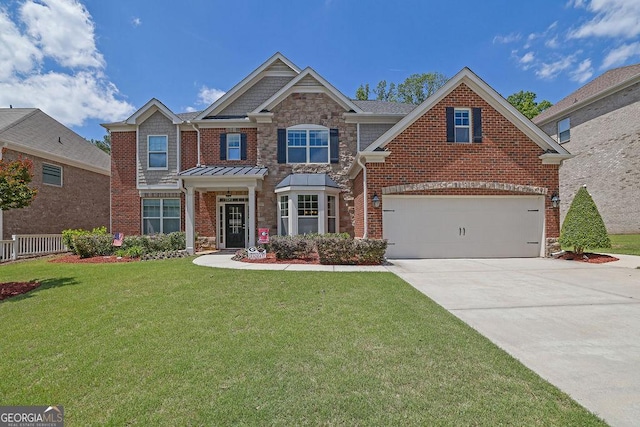 4100 Secret Shoals Way, Buford, GA 30518 - view of front facade with driveway, a front yard, stone siding, an attached garage, and brick siding
