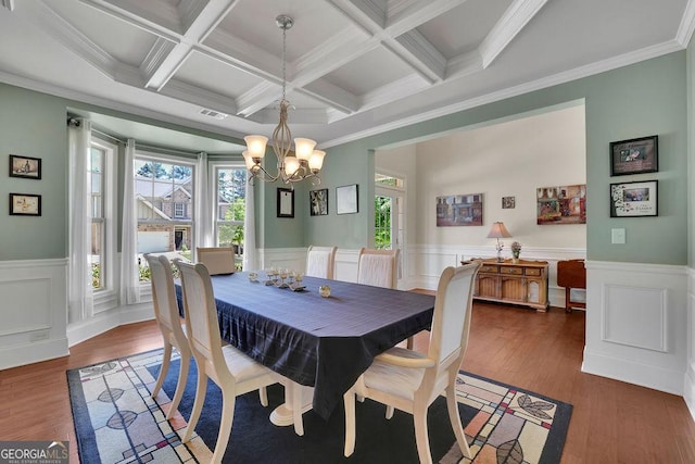 4100 Secret Shoals Way, Buford, GA 30518 - dining space featuring plenty of natural light, beamed ceiling, a chandelier, wainscoting, and coffered ceiling