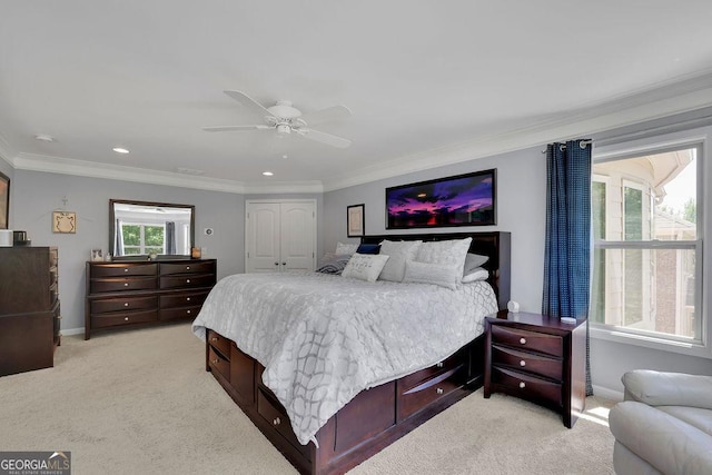 4100 Secret Shoals Way, Buford, GA 30518 - bedroom with light carpet, a closet, ceiling fan, crown molding, and baseboards