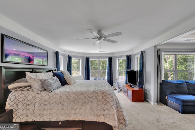 4100 Secret Shoals Way, Buford, GA 30518 - bedroom featuring carpet floors, ornamental molding, multiple windows, ceiling fan, and baseboards