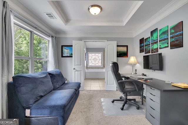 4100 Secret Shoals Way, Buford, GA 30518 - office with crown molding, light colored carpet, light tile patterned floors, and a raised ceiling