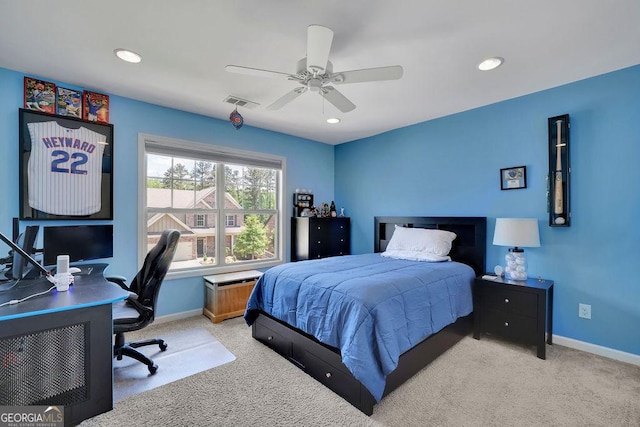 4100 Secret Shoals Way, Buford, GA 30518 - bedroom with light carpet, an office area, recessed lighting, and ceiling fan