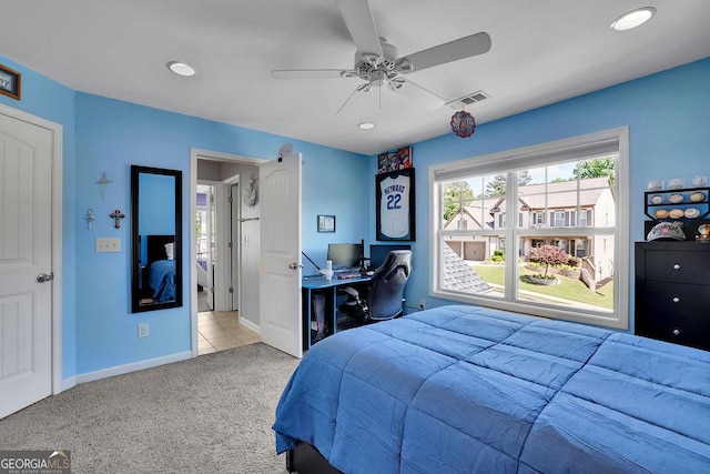 4100 Secret Shoals Way, Buford, GA 30518 - carpeted bedroom featuring an office area, ceiling fan, and recessed lighting