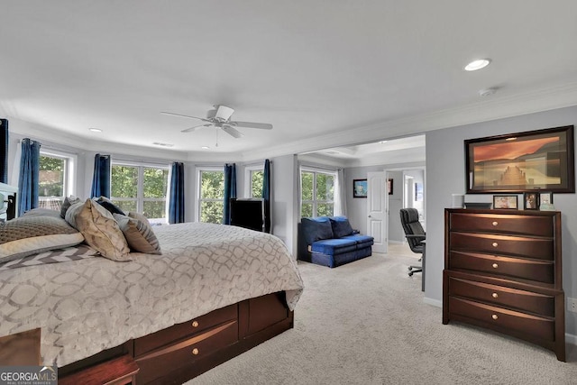 4100 Secret Shoals Way, Buford, GA 30518 - bedroom with crown molding, multiple windows, light carpet, recessed lighting, and an office area
