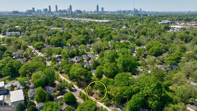 aerial view of a view of skyline and a tree filled landscape