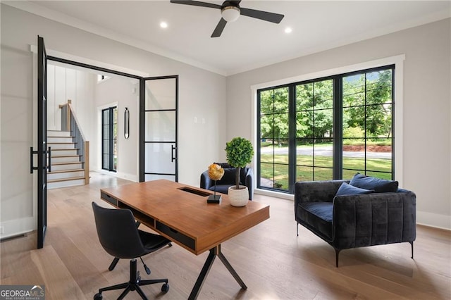 office area featuring recessed lighting, ceiling fan, light wood finished floors, ornamental molding, and baseboards