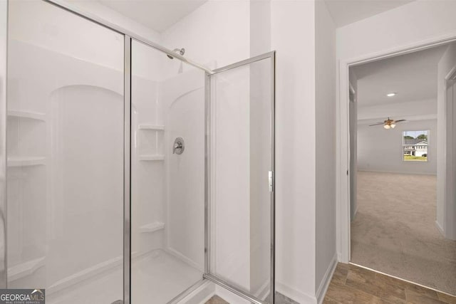 full bathroom with a shower stall, a ceiling fan, and recessed lighting