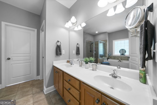 full bathroom featuring a shower stall, a bath, tile patterned flooring, double vanity, and baseboards