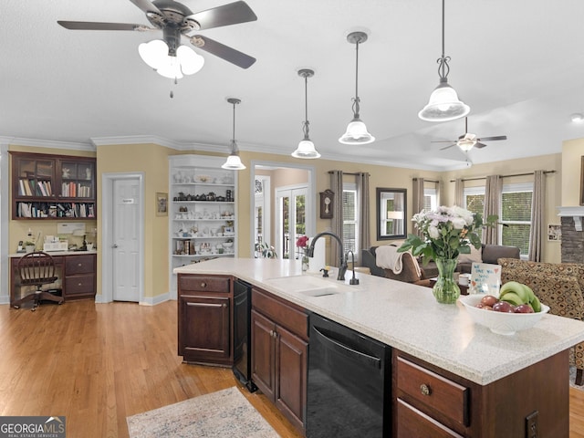 219 Eagles Landing Way, Mcdonough, GA 30253 - kitchen featuring dishwasher, ceiling fan, light wood-style floors, open floor plan, and crown molding