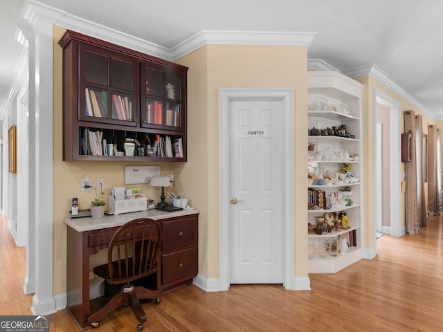 219 Eagles Landing Way, Mcdonough, GA 30253 - bar area featuring light wood-type flooring, ornamental molding, built in study area, and a textured ceiling