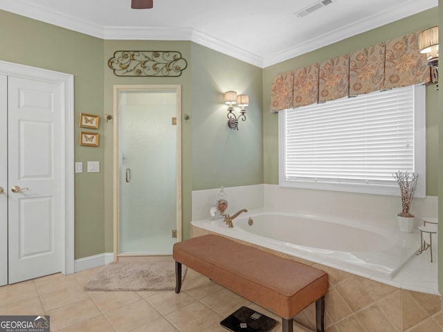 219 Eagles Landing Way, Mcdonough, GA 30253 - bathroom featuring a bath, tile patterned flooring, a shower stall, ornamental molding, and a ceiling fan