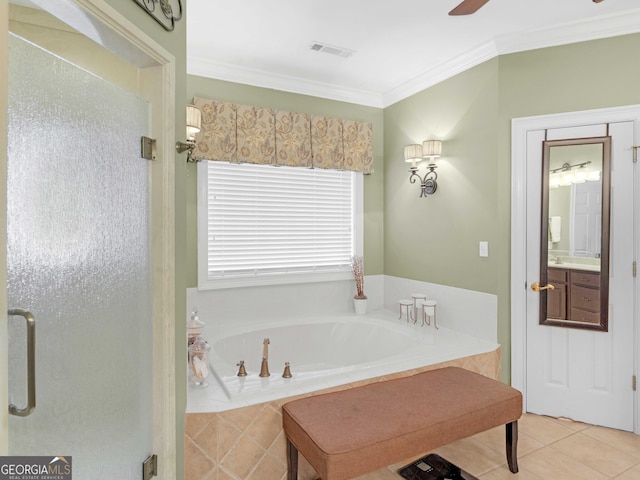 219 Eagles Landing Way, Mcdonough, GA 30253 - bathroom featuring tile patterned floors, a garden tub, ornamental molding, a stall shower, and vanity