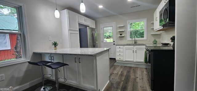 110 Forrest Ave, Jackson, GA 30233 - kitchen featuring appliances with stainless steel finishes, open shelves, a peninsula, dark wood-style floors, and white cabinets