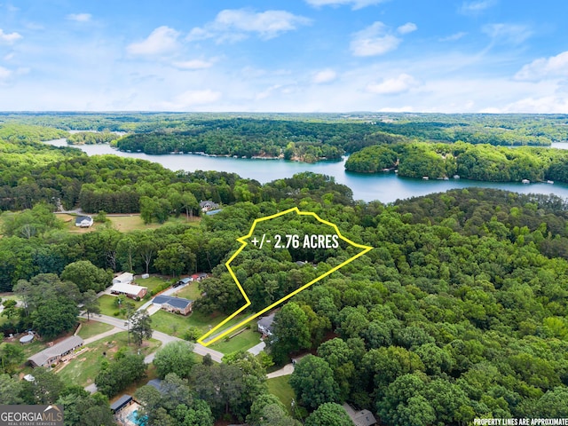 view of property location featuring a forest, a nearby body of water, and property boundaries highlighted