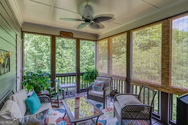 5960 Bridge Stone Ct, Cumming, GA 30028 - sunroom / solarium with an outdoor hangout area and a ceiling fan