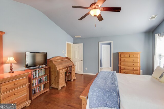 5960 Bridge Stone Ct, Cumming, GA 30028 - bedroom with lofted ceiling, dark wood-type flooring, baseboards, and ceiling fan