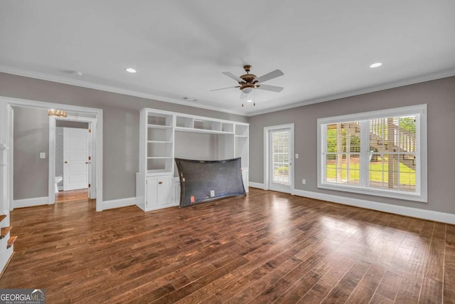 unfurnished living room featuring ornamental molding, baseboards, ceiling fan, wood finished floors, and recessed lighting