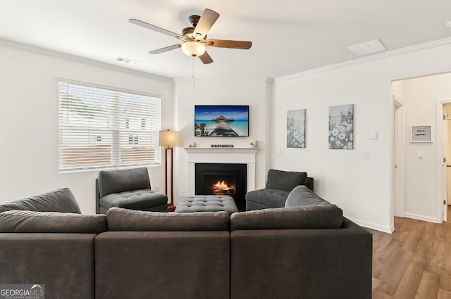 42 Waterfall Ct, Dawsonville, GA 30534 - living room with a ceiling fan, wood finished floors, crown molding, and a lit fireplace