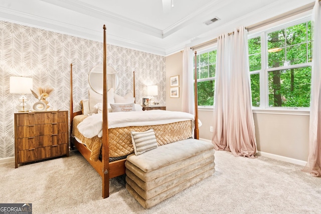 bedroom with wallpapered walls, baseboards, carpet floors, and crown molding