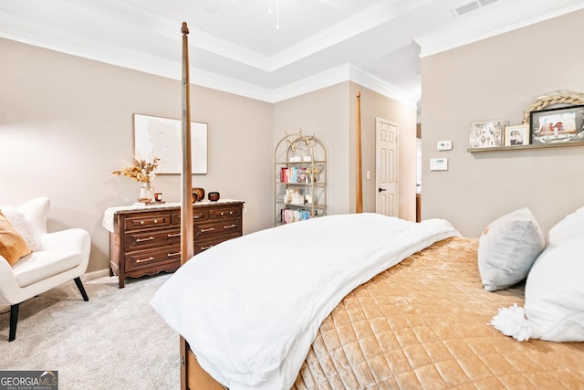 bedroom with light carpet and ornamental molding