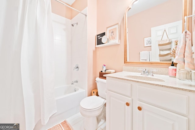 full bathroom with toilet, tile patterned floors, vanity, and shower / bath combo with shower curtain